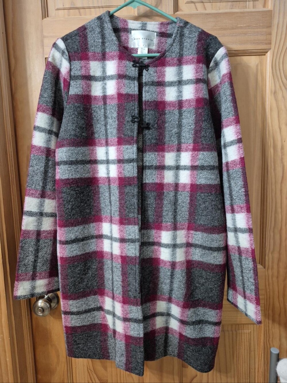 Max Studio Gray, White & Pink Plaid Wool-Blend Coat